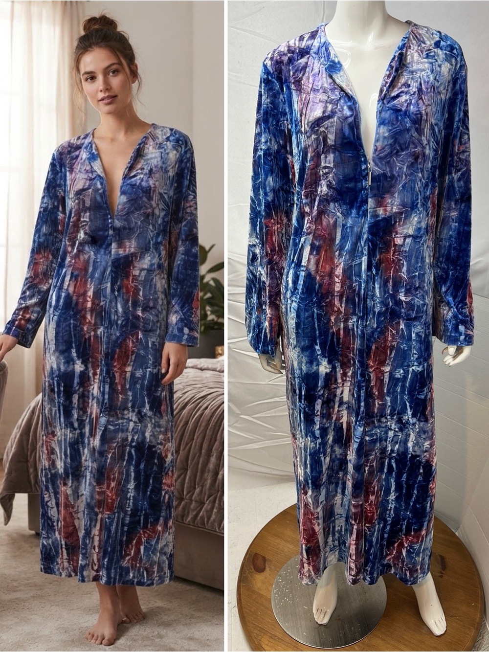 Vintage Diamond Tea Womens Large Crushed Velvet Long Zippered Nightgown Velour